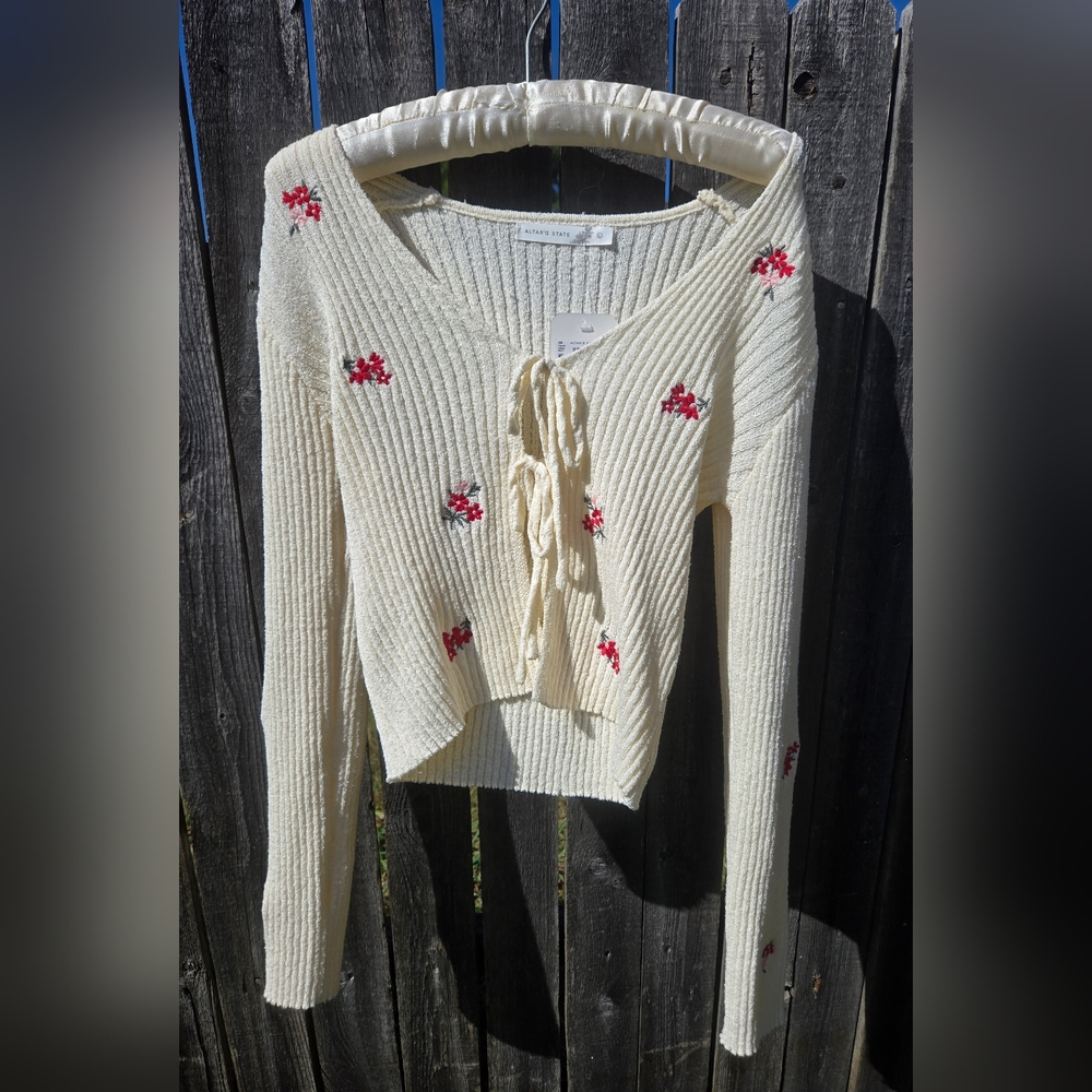 Altar'd State Cream V-Neck Ribbed Sweater with Red Floral Embroidery